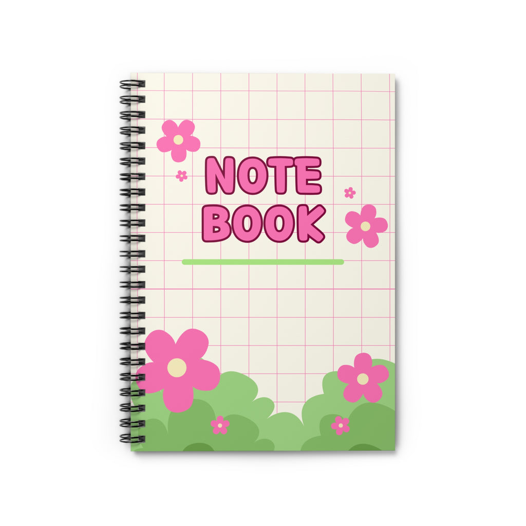 Floral Grid Spiral Notebook — Pink "NOTEBOOK" Cute Ruled Journal for School & Notes