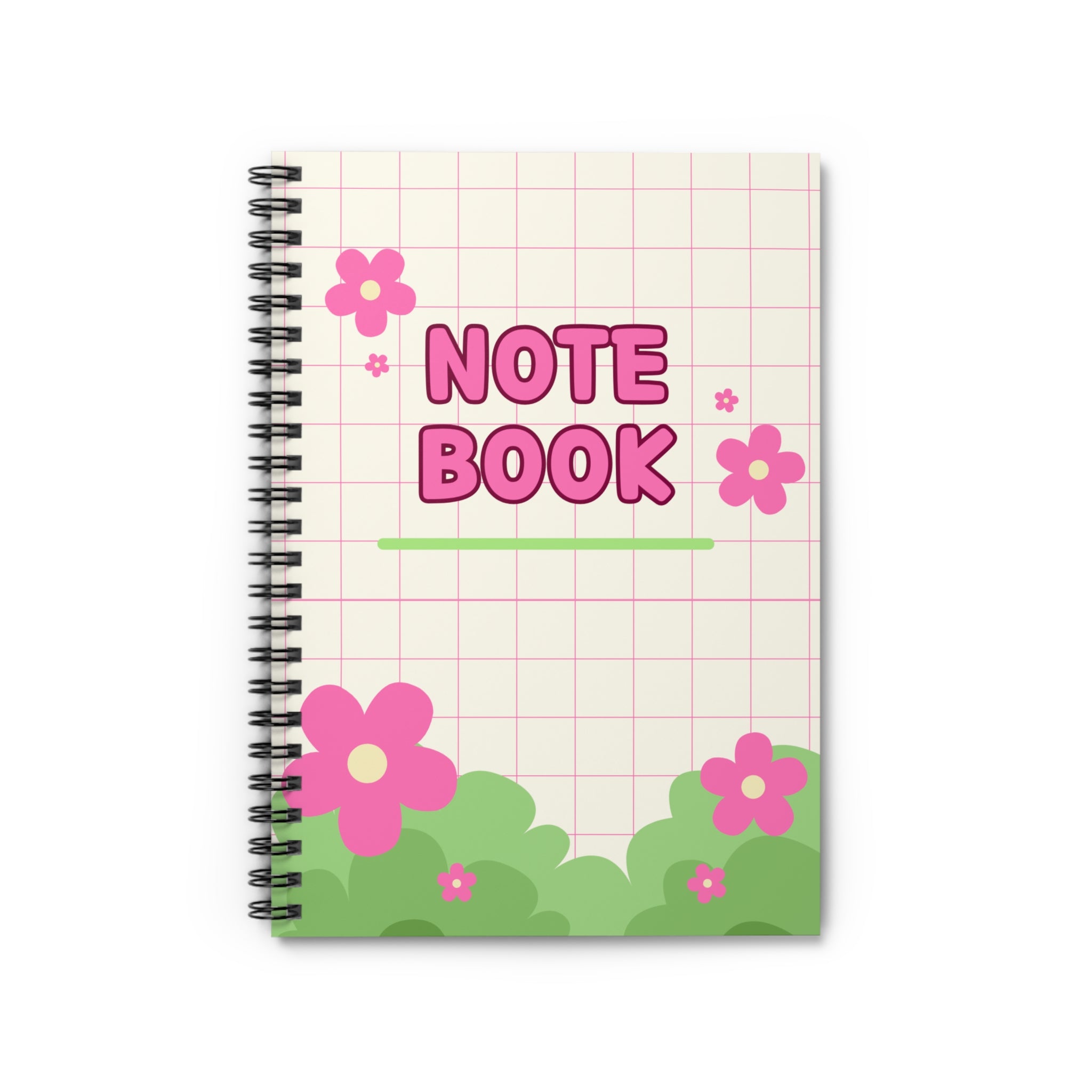 Floral Grid Spiral Notebook — Pink "NOTEBOOK" Cute Ruled Journal for School & Notes