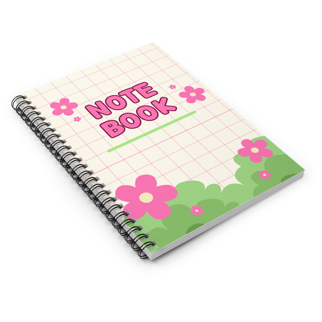 Floral Grid Spiral Notebook — Pink "NOTEBOOK" Cute Ruled Journal for School & Notes