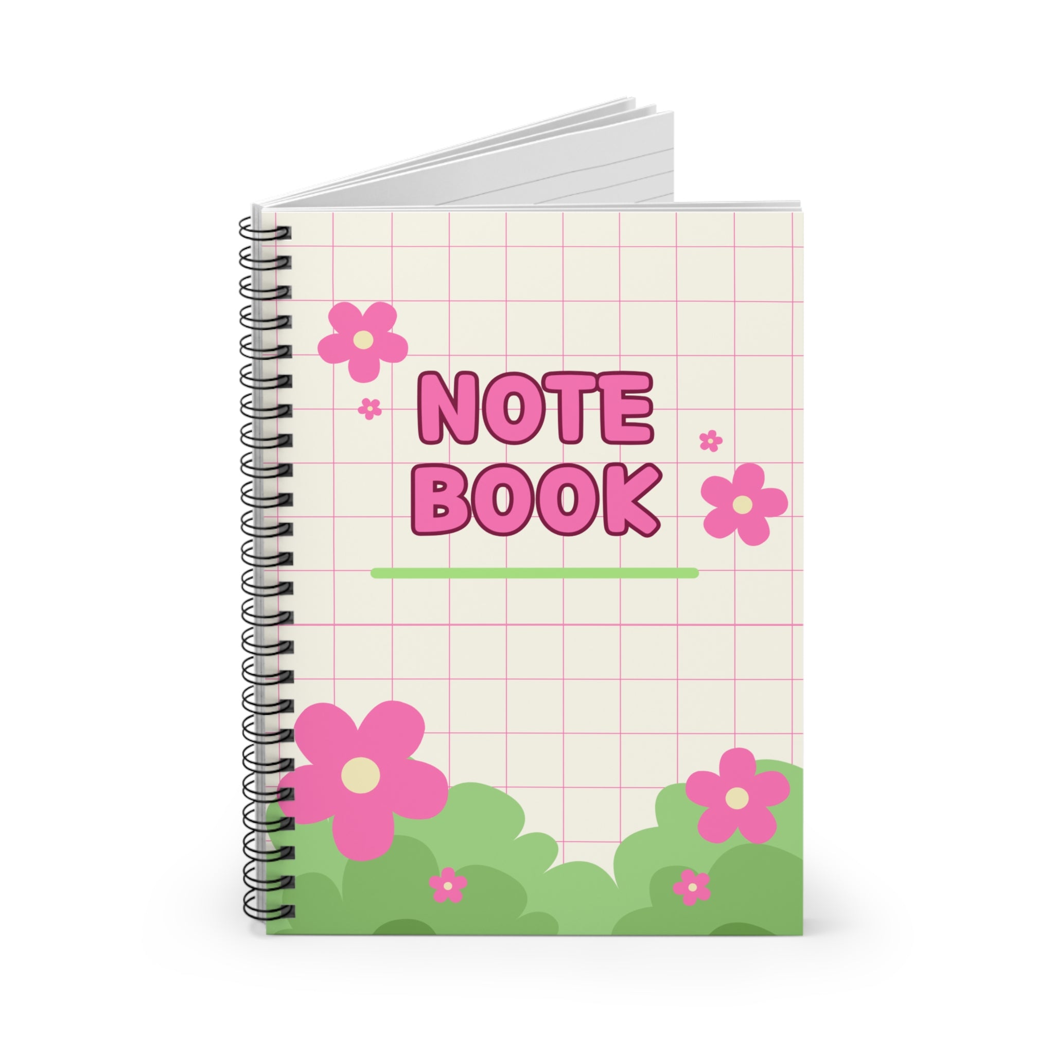 Floral Grid Spiral Notebook — Pink "NOTEBOOK" Cute Ruled Journal for School & Notes